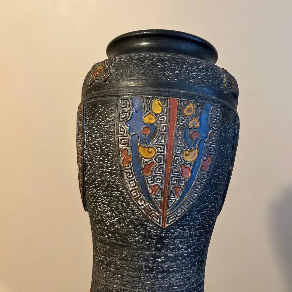 Vintage Japanese Vase Tokanabe Enamed Black Pottery Art Nouveau 1920s 30s